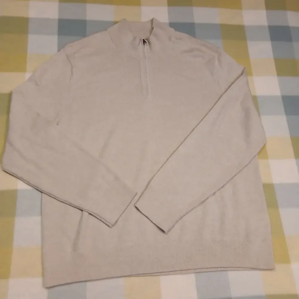 Banana Republic sweater XL Khaki Beige 100% merino wool 1/4 zip mock neck